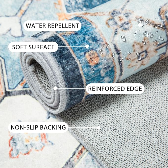 Washable 8ft Area Rugs, Rugs for Living Room, Low-Pile Water&Stain Resistant Carpet Vintage Distressed Printed Non-Slip Carpet for Bedroom Bathroom Kitchen-Sky Blue