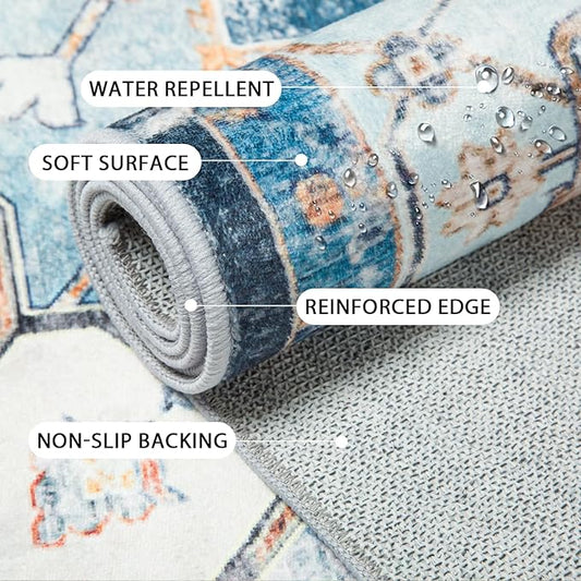 Washable 4x6 Area Rugs, Rugs for Living Room, Low-Pile Water&Stain Resistant Carpet Vintage Distressed Printed Non-Slip Carpet for Bedroom Bathroom Kitchen-Sky Blue