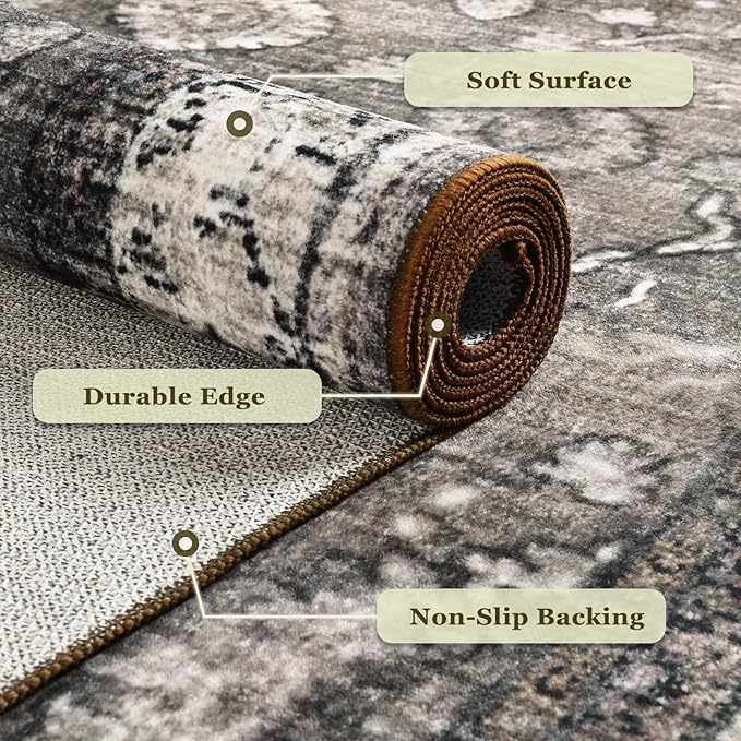 2x6 Runner Rug,Washable Kitchen Rugs with Non-Slip Backing,Low Pile Vintage Rug for Kitchen Floor, Hallway,Bathroom,Bedroom,Brown