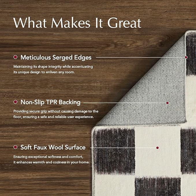 EVERGRACE Checkered Plaid Area Rug 2x10, Soft Fuzzy Faux Wool Rugs Washable Anti Slip Rugs Long Runner Rug Carpet for Entryway Bedroom Living Room Hallway Kitchen Dining Room and Laundry Room, Black