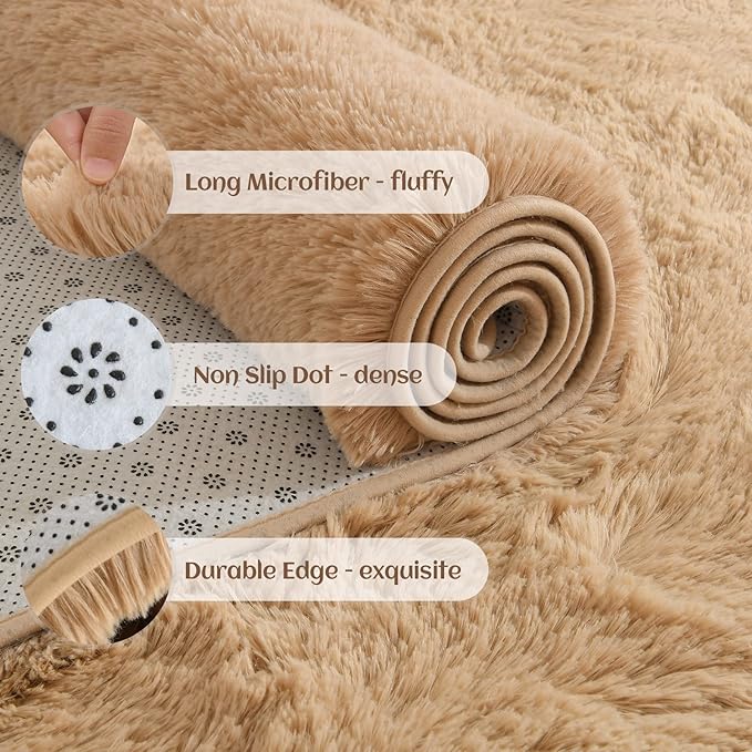 YJ.GWL Area Rugs for Living Room Bedroom, 5x8 Machine Washable Large Beige Carpet, Soft Fluffy Shaggy Thick Big Shag Indoor Floor Rug for Kids Boy and Girls Room Dorm Home Decor Aesthetic