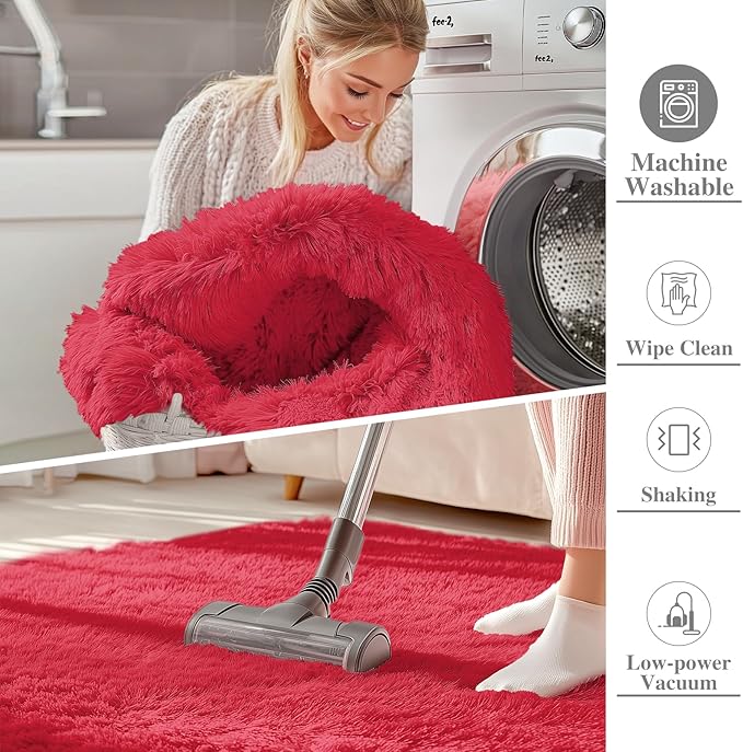 OLANLY Area Rugs for Living Room Bedroom, Machine Washable 4x5.9 Feet Soft Fluffy Shaggy Bedside Rug, Indoor Floor Carpet for Kids Girls and Boys, Dorms, Nursery Rooms, Home Decor Aesthetic, Red