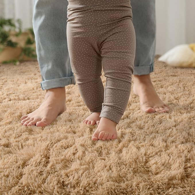 YJ.GWL Area Rugs for Living Room Bedroom, 8x10 Machine Washable Large Beige Carpet, Soft Fluffy Shaggy Thick Big Shag Indoor Floor Rug for Kids Boy and Girls Room Dorm Home Decor Aesthetic