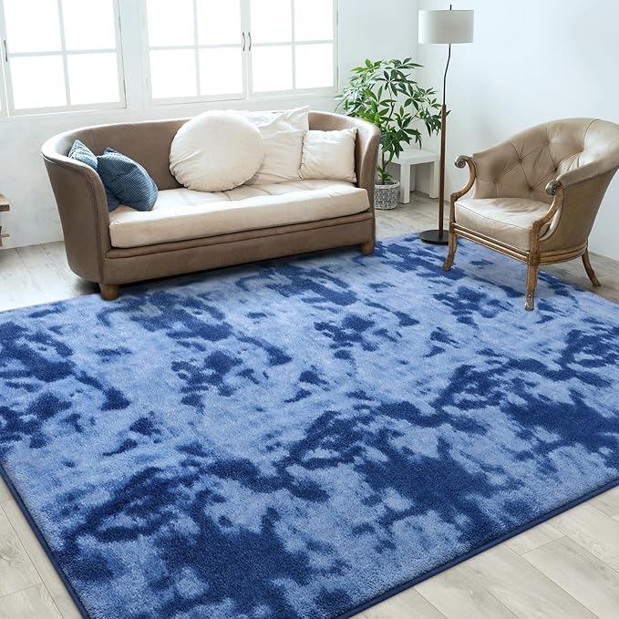 FlyDOIT Large Area Rugs for Living Room Bedroom, 5x8 Ft Tie-Dyed Navy Blue Ultra Soft Comfy Thickened Memory-Foam Indoor Carpets, Cozy Modern Floor Rug for Boys Girls Playroom Dorm Nursery Home Décor