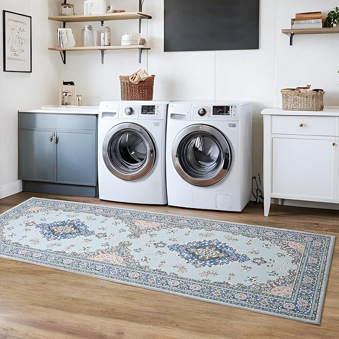 Tepook 2x6 Runner Rug for Hallway, Low Pile Washable Kitchen Rugs Runner Carpet, Non-Slip Vintage Indoor Throw Rugs for Bedroom Entryway Laundry Room Bedside Bathroom - Blue/Grey