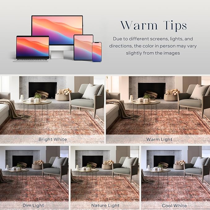Phantoscope Vintage Collection Area Rug 6'x9' - Large Living Room Rug - Washable Rug Boho Rugs Non-Slip for Bedroom Dining Room, Low-Pile Floor Carpet Distressed Accent Rug, Brick Red/Black