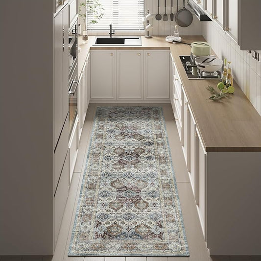 2'5x8 Low Pile Distressed Runner,Washable Runner Rugs Non-Slip&Low-Pile Kitchen Grey Collection Rug, Laundry Room Rug