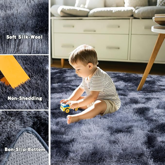 Tie-Dyed Black Fluffy Rugs for Bedroom 4x5.9 ft Small Rug - Ultra Soft & Non Slip Shaggy Area Rug, Comfy Durable Carpet for Living Room Kids Room Teens Dorm Home Decor, 1.7'' Thick Indoor Carpets