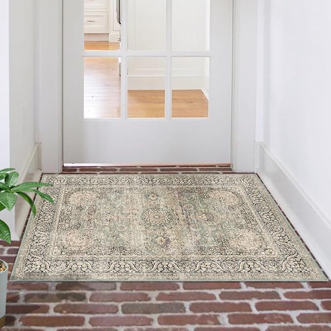 2x3 Washable Area Rug Indoor Entryway Vintage Rug Print Rug Low-Pile Floor Carpet for Indoor Front Entrance Kitchen Bathroom, Olive Charcoal