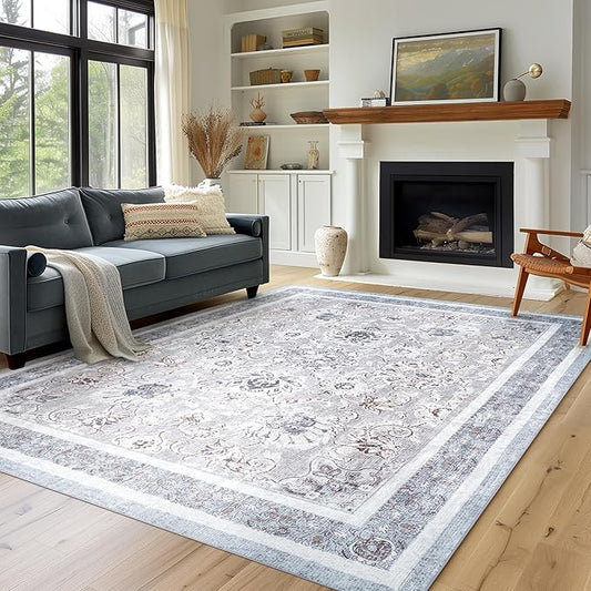 Phantoscope Vintage Collection Area Rug 9'x12' - Washable Rug Boho Rugs Non-Slip for Living Room, Bedroom, Dining Room, Dorm, Indoor Low-Pile Carpet Distressed Accent Rug, Light Grey/Neutral