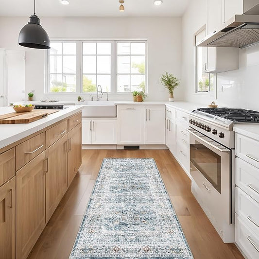 Hallway Runner Rug 2x6 Washable Area Rugs, Vintage Floral Rug Soft Non Slip Stain Resistant Boho Floor Carpet Runners for Hallways Entryway Laundry Room Kitchen, and Bedroom White Blue