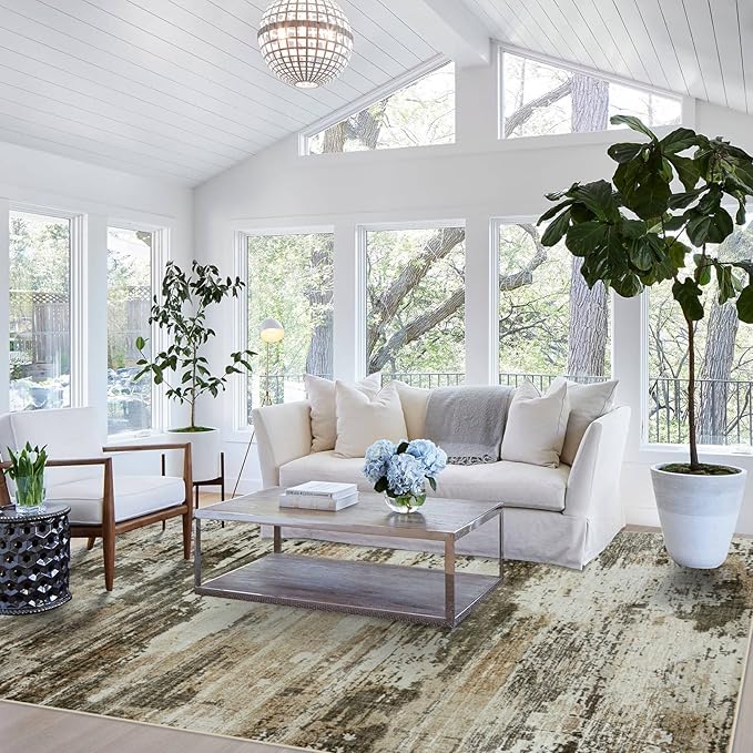 10x14 Area Rugs for Living Room: Large Machine Washable Area Rug with Non Slip Backing Non Shedding Abstract Stain Resistant Carpet for Bedroom Dining Room Nursery Home Office - Beige/Brown
