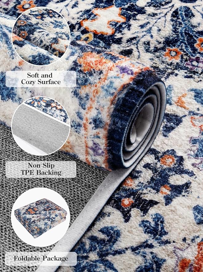 Lahome Washable Runner Rug, 2x5 Bohemian Kitchen Rug Runners Low Pile Bathroom Runner Rugs with Rubber Backing, Printed Throw Carpet Runner for Laundry Room Hallway Bedside, Blue Purple/Multi