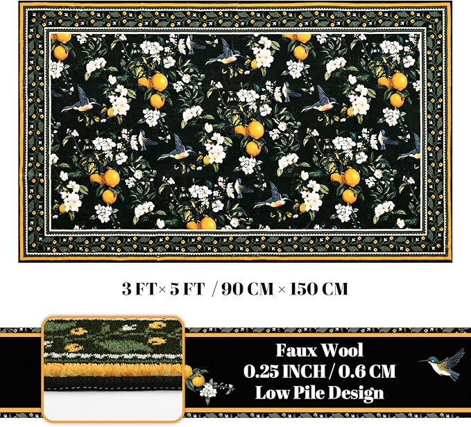 ASPMIZ Black Floral Area Rug, Vintage 3x5 Rug Washable Non Slip, Lemon Hummingbird Rugs for Living Room, Foldable Low Pile Soft Throw Rug Carpet for Bedroom Kitchen Dining Room Nursery Office