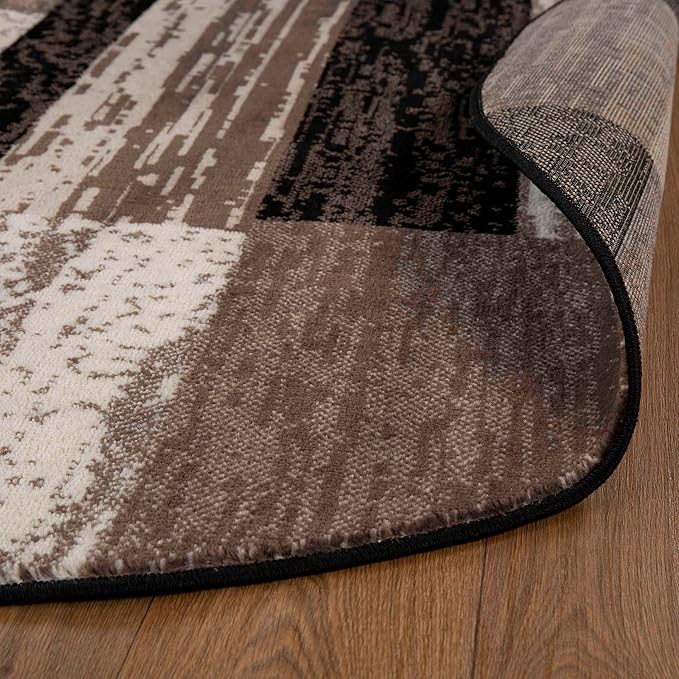 Superior Indoor Area Rug, Jute Backing, Plush Modern Rugs for Entryway, Kitchen Floors, Office Floor Cover, Color Block Rugs, Rockwood Collection, 5' Round, Chocolate