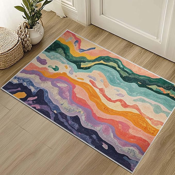 2x3 Entryway Rugs Machine Washable Area Rug Purple Yellow Pink Green Modern Abstract Colorful Rug Non-Slip Low Pile Door Mat Entrance Small Carpet for Home Kitchen Bathroom Bedroom