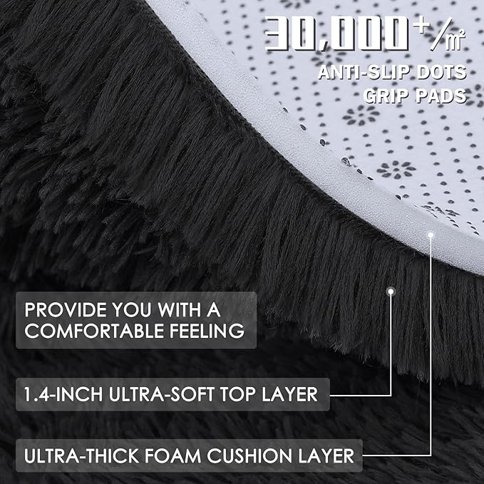 OLANLY Black Round Rugs for Bedroom - Machine Washable, 9x9 Feet Circle Area Rugs for Living Room, Soft and Fluffy Shaggy Carpet for Teen Girls and Boys, Nursery Rooms, Dorms, Home Decor Aesthetic