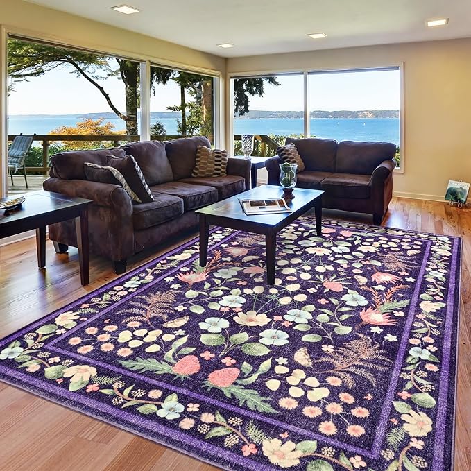 Area Rugs for Living Room, 6x9 Washable Non-Slip Rug for Bedroom, Vintage Floral Carpet for Home Office Nursery Dining Room Kitchen, Purple