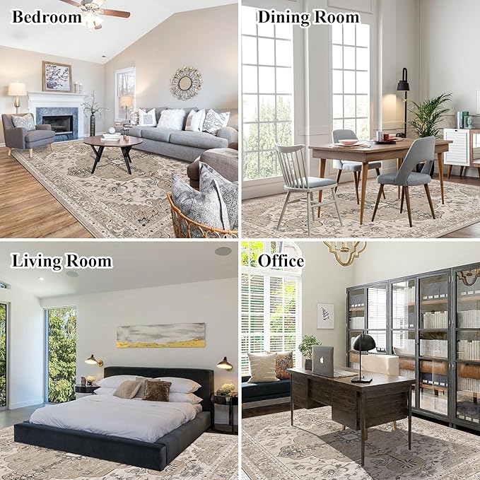 U'Artlines Boho Vintage Area Rug 8x10 Machine Washable Low Pile Soft Floor Carpet Non Slip Non Shedding Accent Rug for Living Room Bedroom Entryway Dining Room Office Beige＆Brown