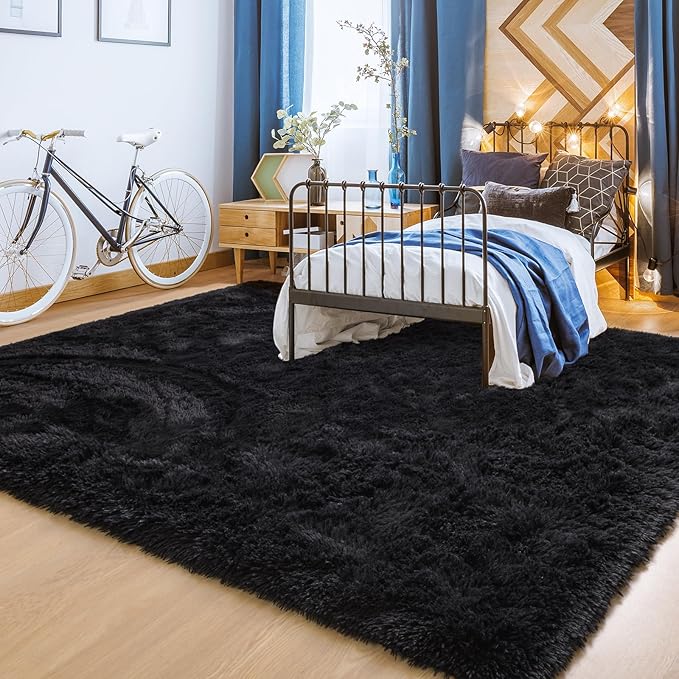 YJ.GWL Area Rugs for Living Room Bedroom, 8x10 Machine Washable Large Black Carpet, Soft Fluffy Shaggy Thick Big Shag Indoor Floor Rug for Kids Boy and Girls Room Dorm Home Decor Aesthetic