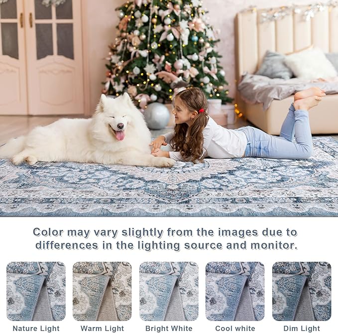 8x10 Area Rug for Bedroom, Machine Washable Rugs with Non-Slip Backing for Living Room, Large Vintage Carpet Kitchen Laundry Kids Room Decor, Blue & Beige