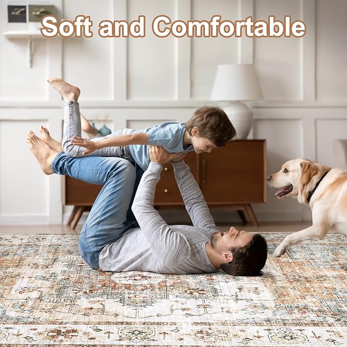 Area Rugs for Living Room 9x12 - Large Machine Washable Vintage Oriental Soft Rug, Low Pile Thin Carpet with Non Slip Backing for Bedroom, Dorm, Under Dining Room Table, Indoor House, Office Decor