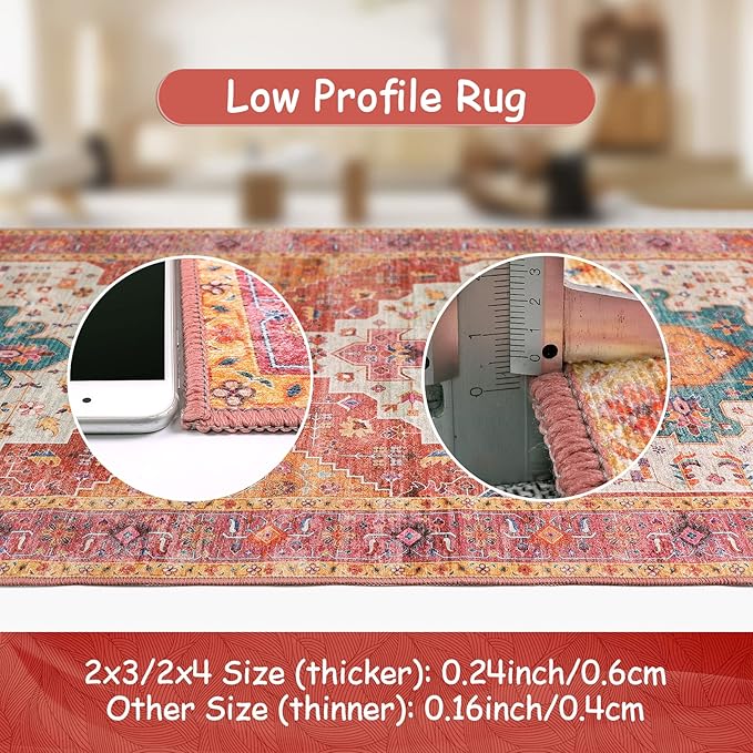 Moynesa Ultra-Thin Washable Pink Runner Rug - 2x6 Washable Long Hallway Rug Runner Kitchen Mat, Oriental Medallion Laundry Room Carpet Runner for Powder Dressing Room Cabinet Bedside Bathroom