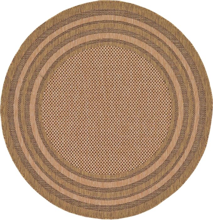 Unique Loom Outdoor Border Collection Area Rug - Multi Border (6' Round, Light Brown/ Brown)
