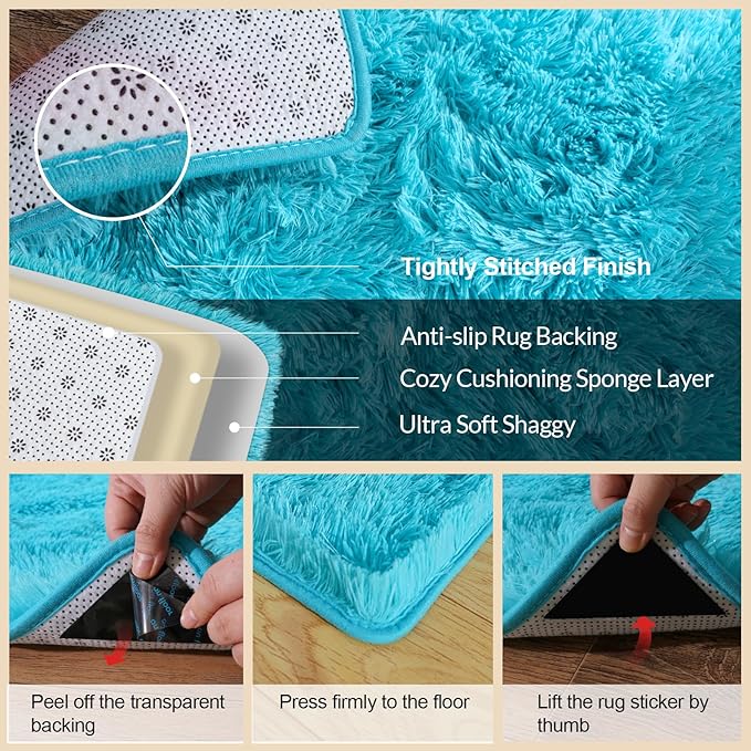 2x3 Rugs for Bedroom, Fluffy Area Rugs for Living Room, Soft Shag Kids Rug Small Carpet with 4 Non-Slip Rug Pads (Turquoise Blue, 2ft x 3ft)
