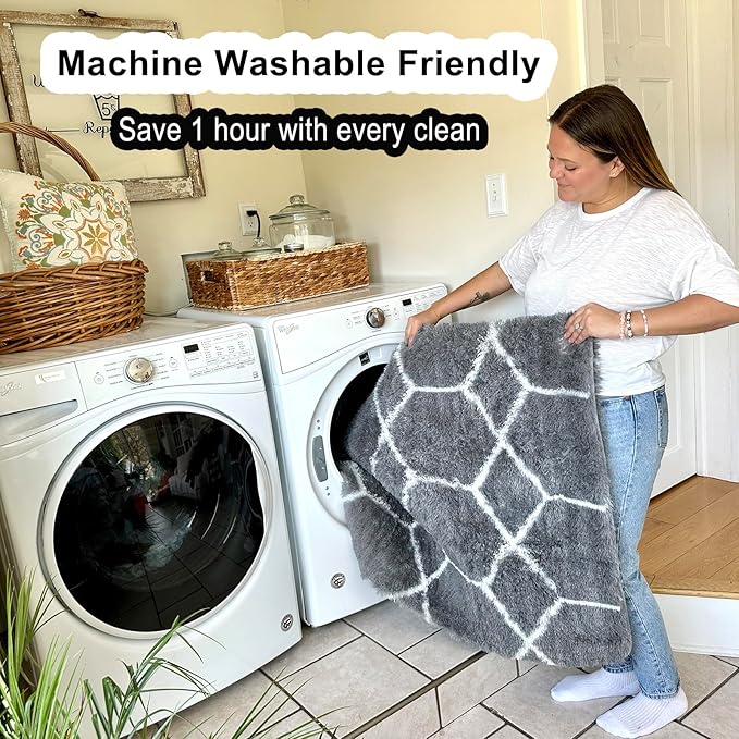 ONASAR Area Rugs for Bedroom Living Room, Washable 4x6 Fluffy Grey and White Floor Rug, Shaggy Geometric Soft Plush Fuzzy Carpet for Nursery Teen Playroom Dorm Office Home Decor Aesthetic