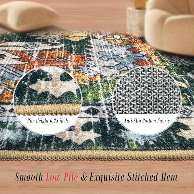 Washable Area Rugs - Perfect for Living Room, Bedroom, Kids Room, Nursery - Stain & Water Resistant Non-Slip, Pet & Child Friendly, Vintage Tribal Area Rugs (Green, 9' x 12')