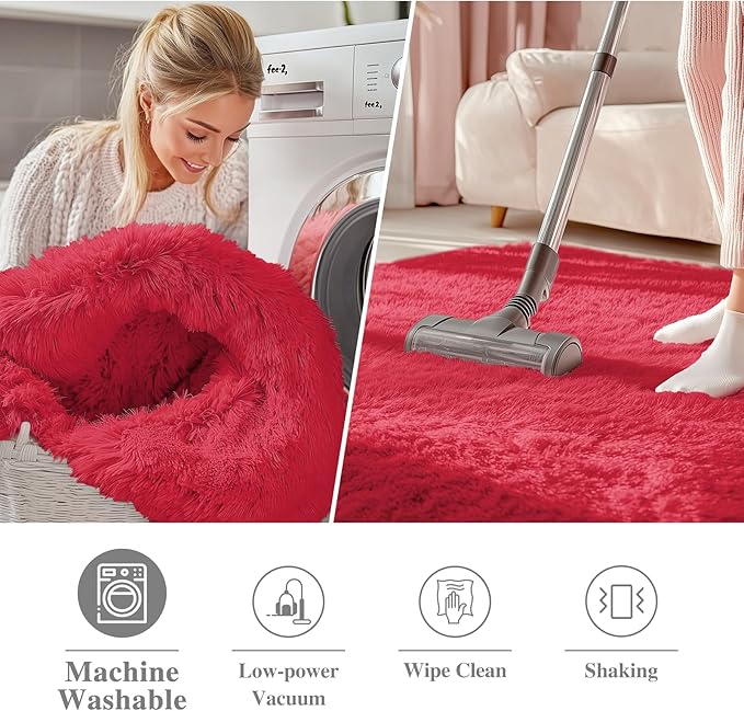 OLANLY Red Round Rugs for Bedroom - Machine Washable, 3x3 Feet Circle Area Rugs for Living Room, Soft and Fluffy Shaggy Carpet for Teen Girls and Boys, Dorms, Nursery Rooms, Home Decor Aesthetic
