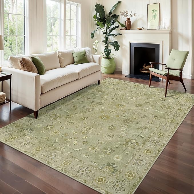3x5 Area Rug Floral Rug for Bedroom, Washable Vintage Rugs Indoor, Non Slip Accent, Print Distressed Flaxen Green Carpet, Soft Low Pile for Living Room Dorm Bedroom Bedside Entryway