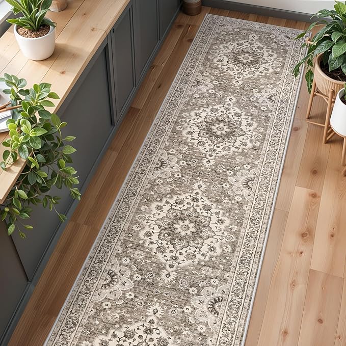 Washable Oriental Hallway Runner Rug - 3x14 Rugs for Living Room Soft Carpet for Bedroom Kitchen Waterproof Floral Distressed Indoor Stain Resistant Non-Shedding Floor Carpets (Beige, 3X14)