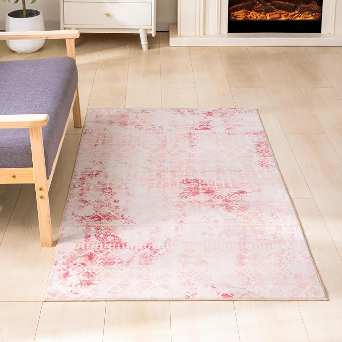 Carvapet Boho Rugs for Living Room, Moroccan Pink Low Pile Small Carpet with Rubber Backing, Foldable, Non Slip Machine Washable (5 x 3 Feet Rectangular, Pink Area Rug)