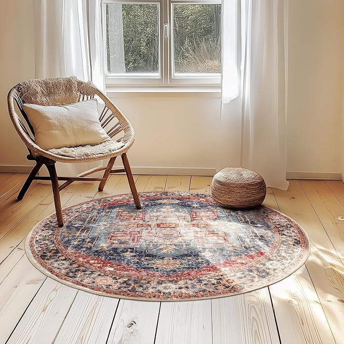 Washable 4ft Area Rugs, Rugs for Living Room, Low-Pile Water&Stain Resistant Carpet Vintage Distressed Printed Non-Slip Carpet for Bedroom Bathroom Kitchen-Dark Red