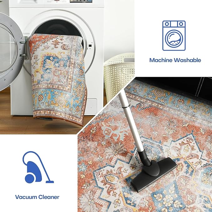 YJ.GWL Area Rug for Living Room, 4x6 Machine Washable Boho Rug for Bedroom, Low Pile Lightweight Thin Rugs Floral Vintage Distress Print Pattern Carpet for Dining Room, Brick