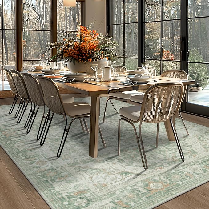 Washable Rugs 8x10 Area Rugs, Soft Vintage Living Room Rug with Anti-Skid Backing Stain Resistant Thin Indoor Carpet Large Area Rug for Bedroom Under Dining Room Table Nursery Entryway-Green
