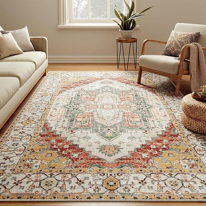 Washable 4x6 Area Rugs, Rugs for Living Room, Low-Pile Water&Stain Resistant Carpet Vintage Distressed Printed Non-Slip Carpet for Bedroom Bathroom Kitchen-Yellow/Brown