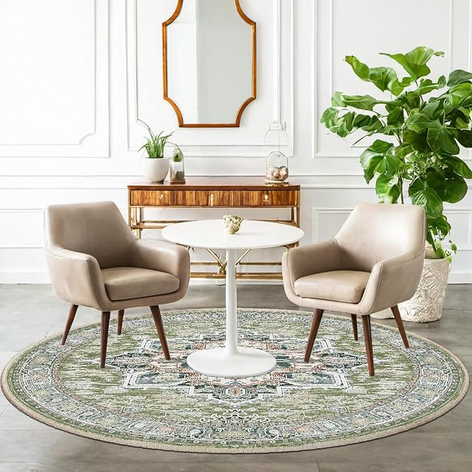 BESTSWEETIE 8ft Area Rugs for Living Room Washable Non Slip Carpet Low Pile Soft Vintage Print Pattern Rug for Bedroom Dining Room Kitchen Entryway Indoor-Green/Light tan/Blue/Grey