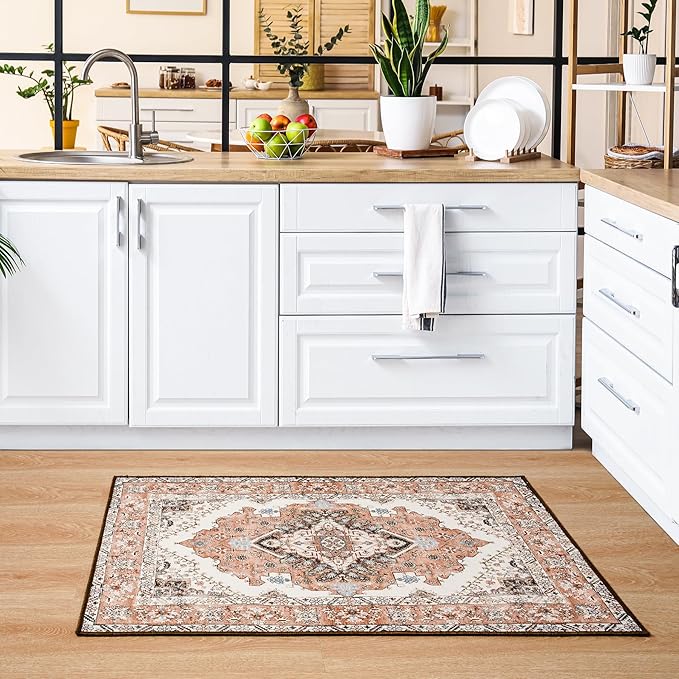 Noahas Front Door Mat Indoor Outdoor Entrance,2x3 Small Orange Area Rugs Vintage Machine Washable Rugs Non-Slip Low Pile Carpets for Entryway Porch Bathroom Kitchen Bedroom Laundry Room Home Decor