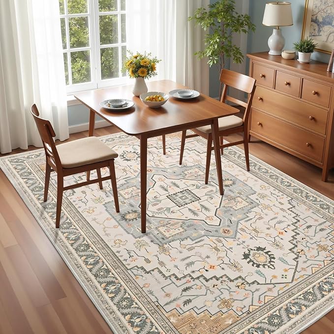 4x6 Grey Beige Area Rug for Living Room, Machine Washable Rugs with Non-Slip Backing for Bedroom, Vintage Medallion Carpet Kitchen Laundry Kids Room Decor