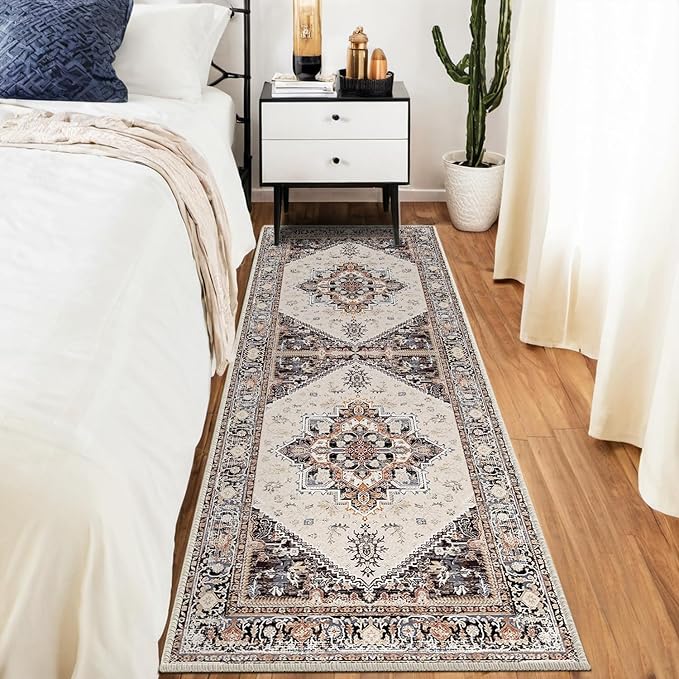 BESTSWEETIE 2x6 Area Rugs for Living Room Washable Non Slip Carpet Low Pile Soft Vintage Print Pattern Rug for Bedroom Dining Room Kitchen Entryway Indoor-Khaki/Beige/Purple/Black/Brick