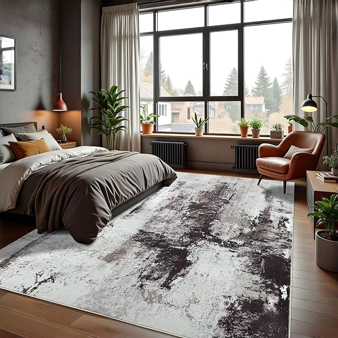 Washable Abstract Rug, 5x7 Modern Area Rugs with Non-Slip Rubber Backed for Living Room, Thin but Soft Contemporary Carpet Kitchen Bedroom Dining Room Decor, Black Brown