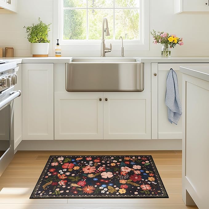 2x3 Rug Front Door Indoor Entrance Boho Vintage Floral Pattern Black Faux Wool Throw Rugs with Rubber Backing Washable Non Slip Stain Resistant Doormat Small Area Rugs for Entryway Kitchen Laundry