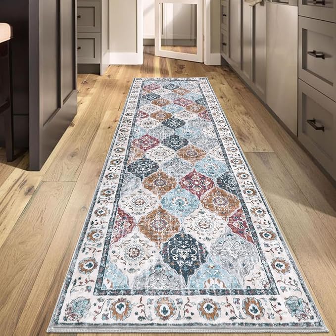 HEBE Hallway Runner Rug 2'8"x8' Washable Vintage Distressed Area Rugs Non Slip Laundry Rug Runner Boho Floor Carpet Runners for Hallways Entryway Laundry Room Kitchen Bathroom