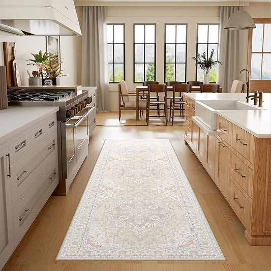 2x8 Area Rug Boho Machine Washable Living Room Rug Non Slip Low Pile Vintage Print Distressed Soft Carpet for Bedroom Diningroom Cream/Pink/Green/Beige/Blue