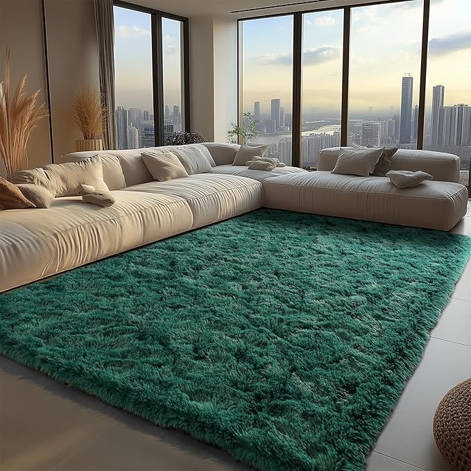 Zentavio Dark Green Area Rugs for Living Room Emerald Green Rugs for Bedroom 8x10 Fluffy Fake Grass Large Carpet for Kids Room Playroom Furry Shag Aesthetic Soft High Pile Washable Home Decor