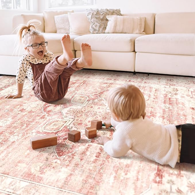 2x3 Area Rug Washable, Small Pink Rug for Entryway Bathroom Kitchen, Soft Boho Floral Vintage Distressed Carpet Non Slip for Home Decor