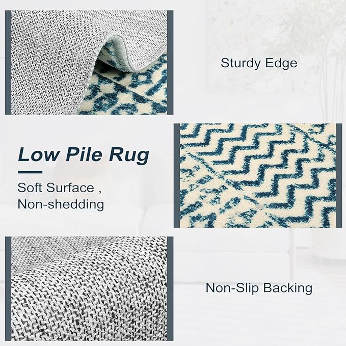 Moroccan Kitchen Runner Rug, 2x6 Non Slip Vintage Blue Rug for Kitchen Floor, Soft Low-Pile Washable Laundry Room Rug Indoor Floor Throw Carpet for Doorway Hallway Bedside Bathroom